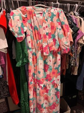 Vibrant Floral Maxi Dress in Pink, Coral & Aqua